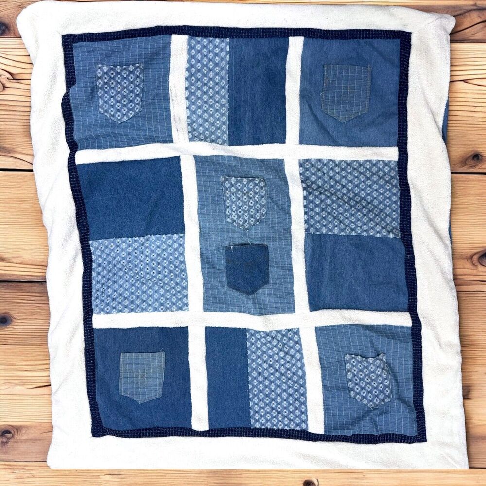 Handmade Upcycled Denim Patchwork Throw Blanket Quilt With Fleece Sherpa Trim